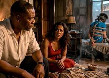 Cena cinematográfica de suspense psicológico em um cativeiro sombrio em Santa Teresa, no Rio de Janeiro. Um homem e uma mulher observam apreensivos um jovem sentado ao fundo, enquanto cartas de tarô e incenso criam uma atmosfera de mistério, paranoia e tensão.