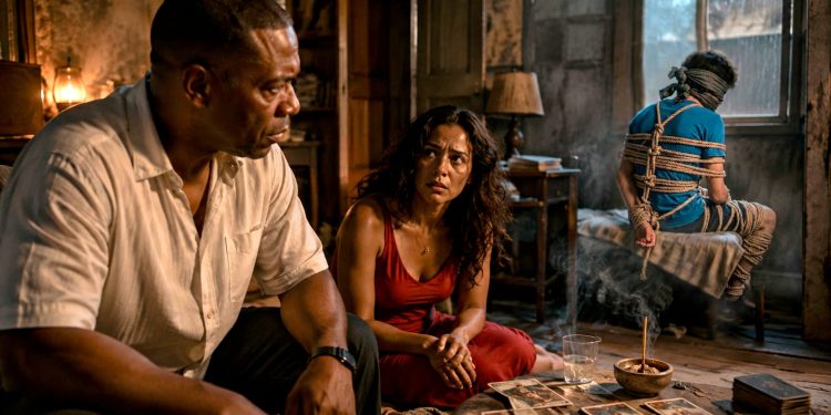 Cena cinematográfica de suspense psicológico em um cativeiro sombrio em Santa Teresa, no Rio de Janeiro. Um homem e uma mulher observam apreensivos um jovem sentado ao fundo, enquanto cartas de tarô e incenso criam uma atmosfera de mistério, paranoia e tensão.