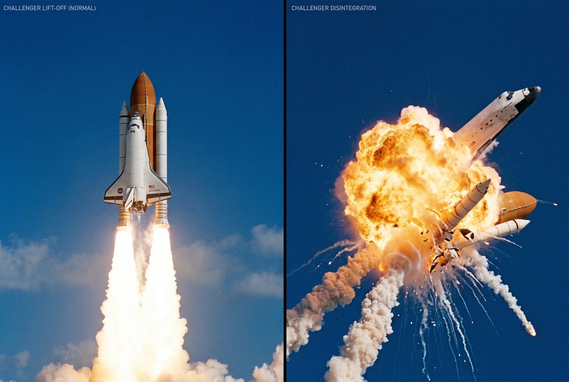 Um díptico dividido verticalmente. À esquerda, o ônibus espacial Challenger ascende de forma limpa pelo céu azul. À direita, a caótica bola de fogo da desintegração, com a cabine da tripulação dianteira visível se separando da explosão.