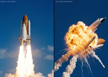 Um díptico dividido verticalmente. À esquerda, o ônibus espacial Challenger ascende de forma limpa pelo céu azul. À direita, a caótica bola de fogo da desintegração, com a cabine da tripulação dianteira visível se separando da explosão.