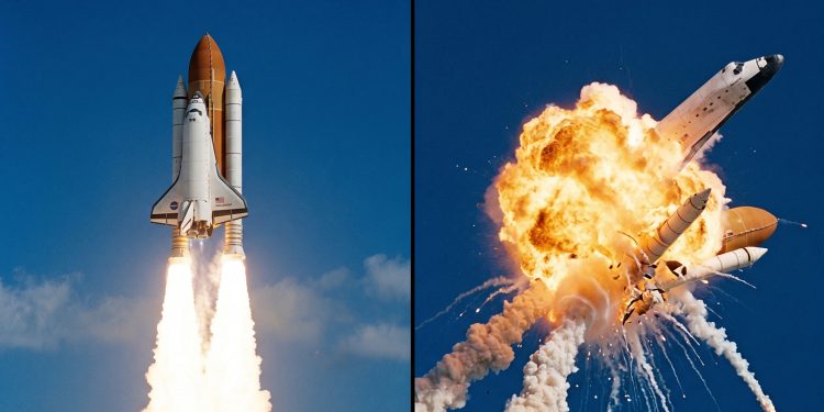 Um díptico dividido verticalmente. À esquerda, o ônibus espacial Challenger ascende de forma limpa pelo céu azul. À direita, a caótica bola de fogo da desintegração, com a cabine da tripulação dianteira visível se separando da explosão.
