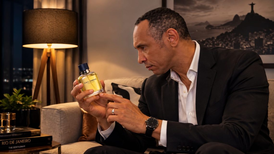 Homem elegante vestindo terno preto e camisa branca, sentado em um sofá, segurando e observando atentamente um frasco do perfume Dolce & Gabbana Pour Homme, com a vista noturna do Rio de Janeiro ao fundo.