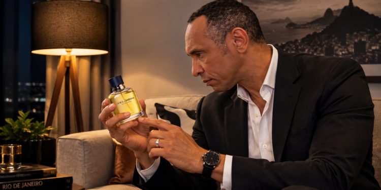 Homem elegante vestindo terno preto e camisa branca, sentado em um sofá, segurando e observando atentamente um frasco do perfume Dolce & Gabbana Pour Homme, com a vista noturna do Rio de Janeiro ao fundo.