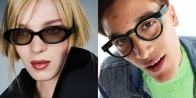 Imagem dividida em dois quadros mostrando modelos usando os novos óculos inteligentes da Samsung e do Google. À esquerda, uma mulher loira usa uma armação oval e preta da marca Gentle Monster. À direita, um homem usa uma armação arredondada verde-escura da marca Warby Parker. Os logotipos do Google e da Samsung aparecem na parte inferior de cada lado.